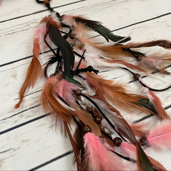 Boho Pink and White Long Feather Elastic Hair Tie - Picture 7 of 14